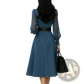Sheer Sleeve Colorblock Denim Midi Dress with Belt