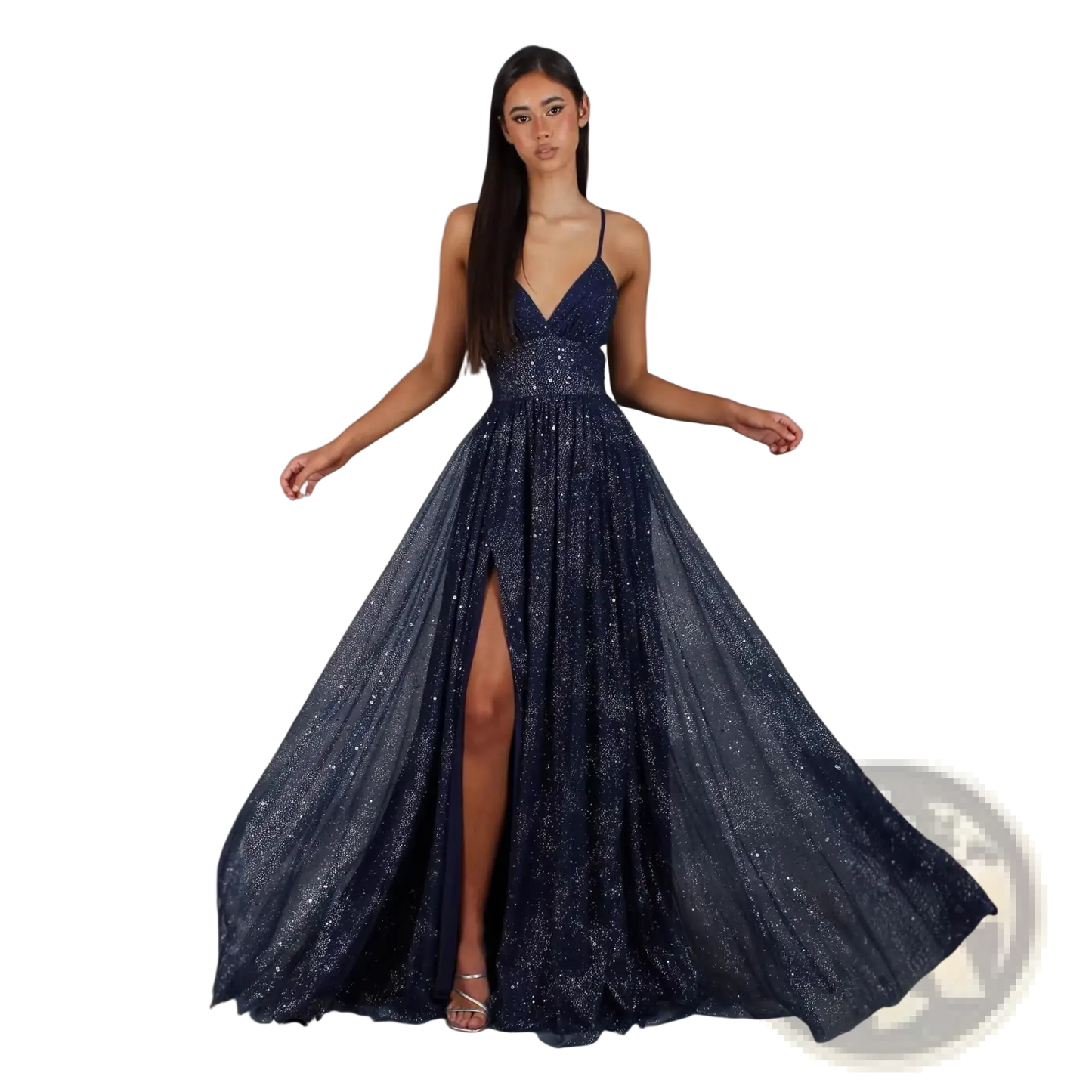 Shimmering v Neck High Slit Maxi Evening Gown