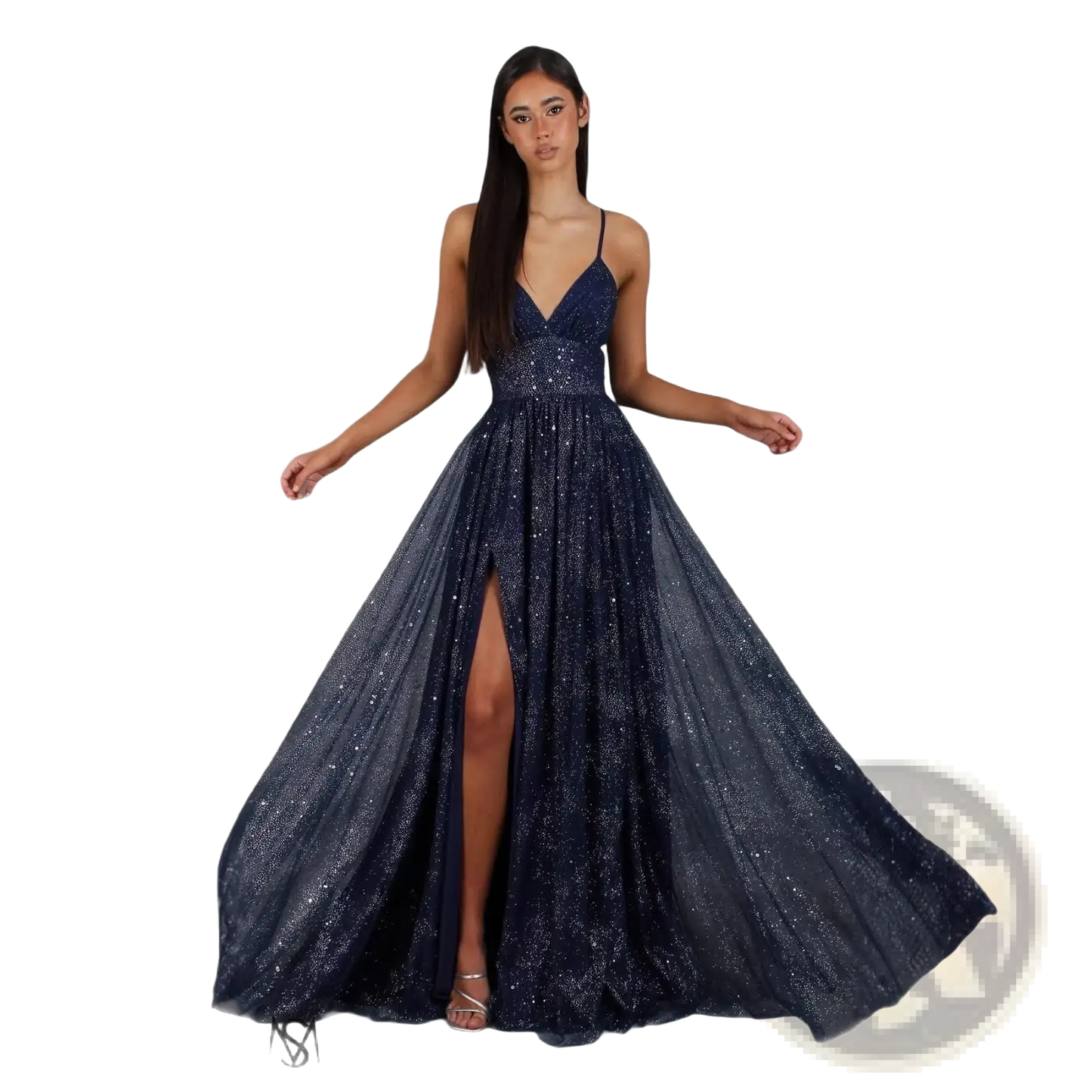 Shimmering v Neck High Slit Maxi Evening Gown