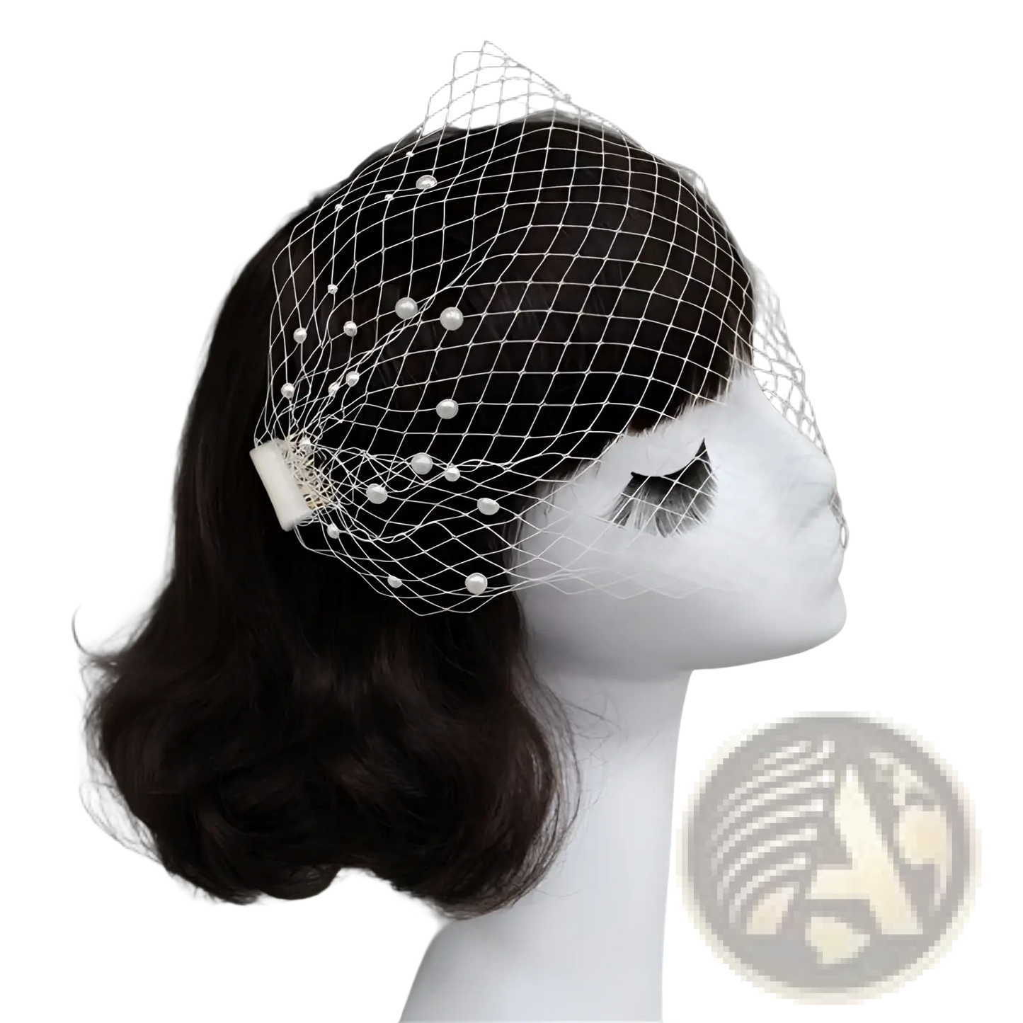 Short Pearl Beaded Mesh Bridal Veil with Gold Hair Comb