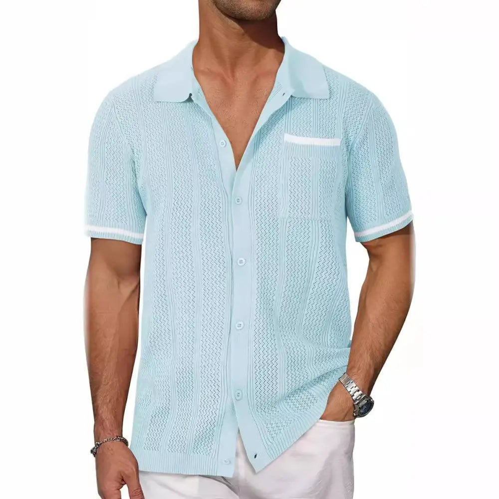 Men's Beige Hollow Knit Short Sleeve Cardigan Shirt