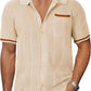 Men's Beige Hollow Knit Short Sleeve Cardigan Shirt