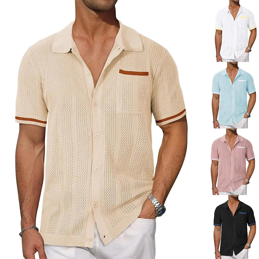 Men's Beige Hollow Knit Short Sleeve Cardigan Shirt