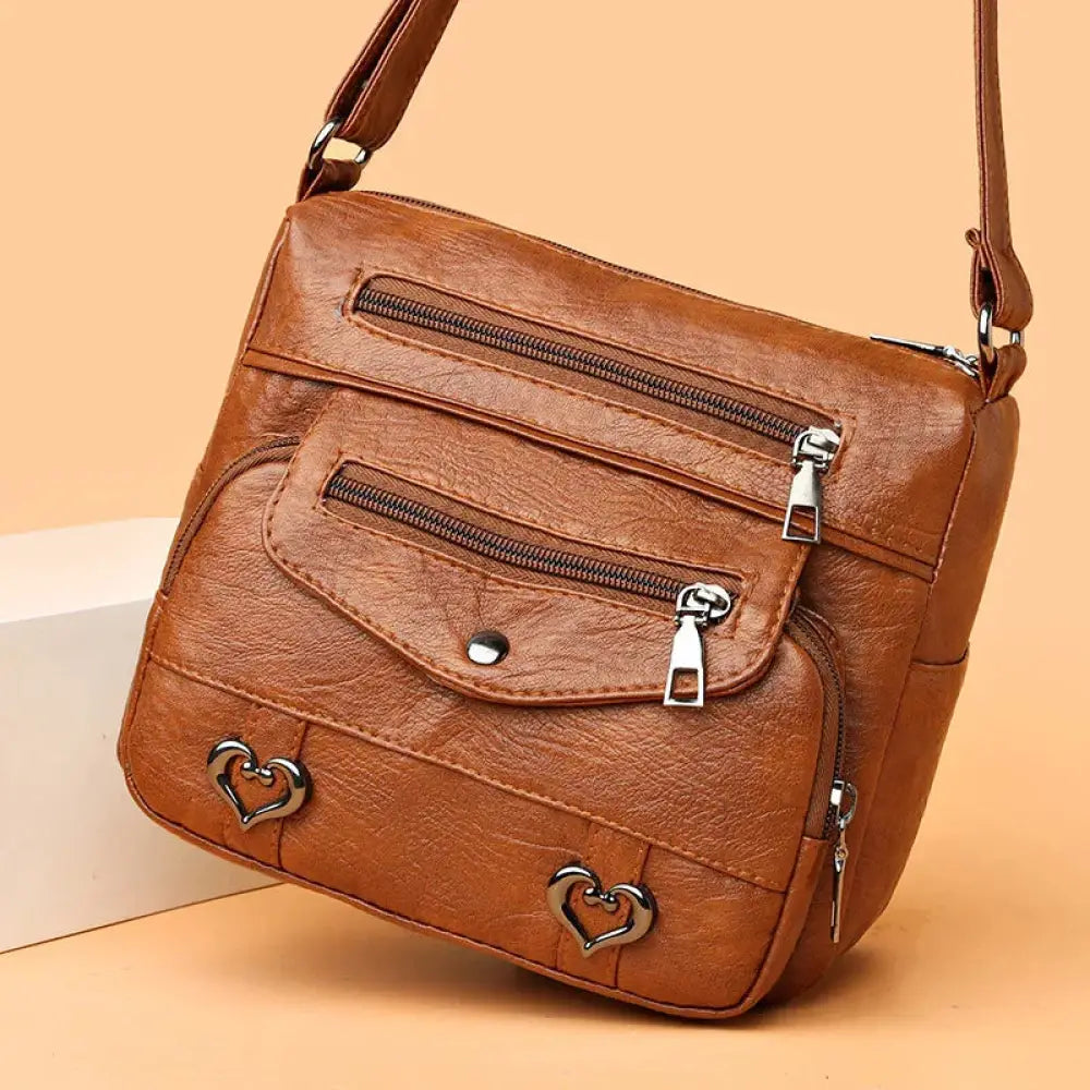 Women's Multi-pocket Faux Leather Heart Studded Crossbody Bag
