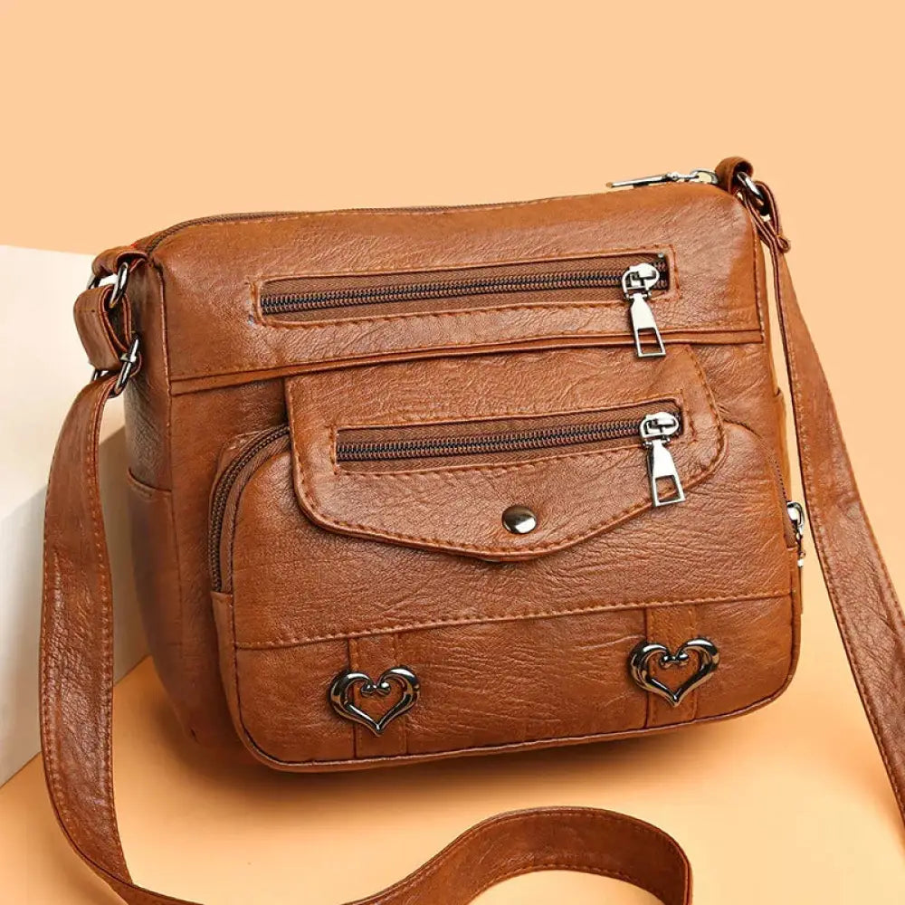 Women's Multi-pocket Faux Leather Heart Studded Crossbody Bag