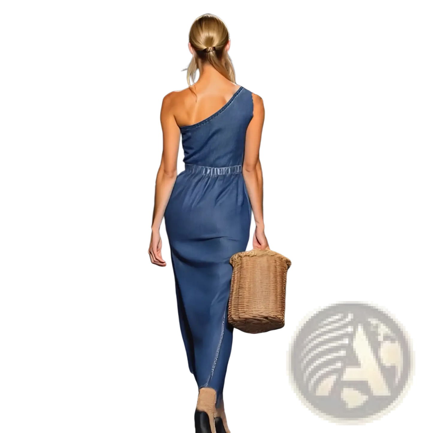 One Shoulder Floral Denim Maxi Dress