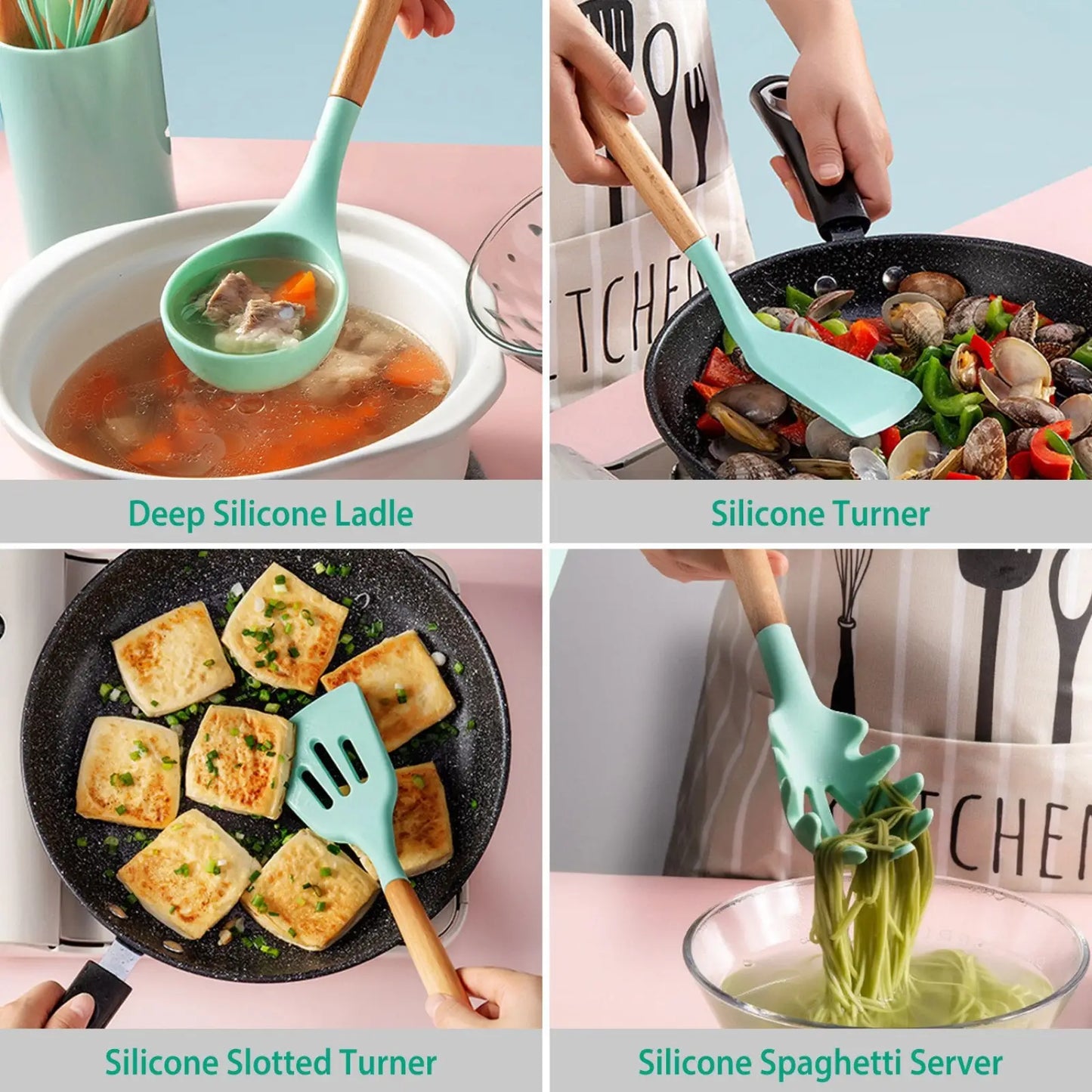Silicone Cooking Utensil Set 11pc with Wood Handles
