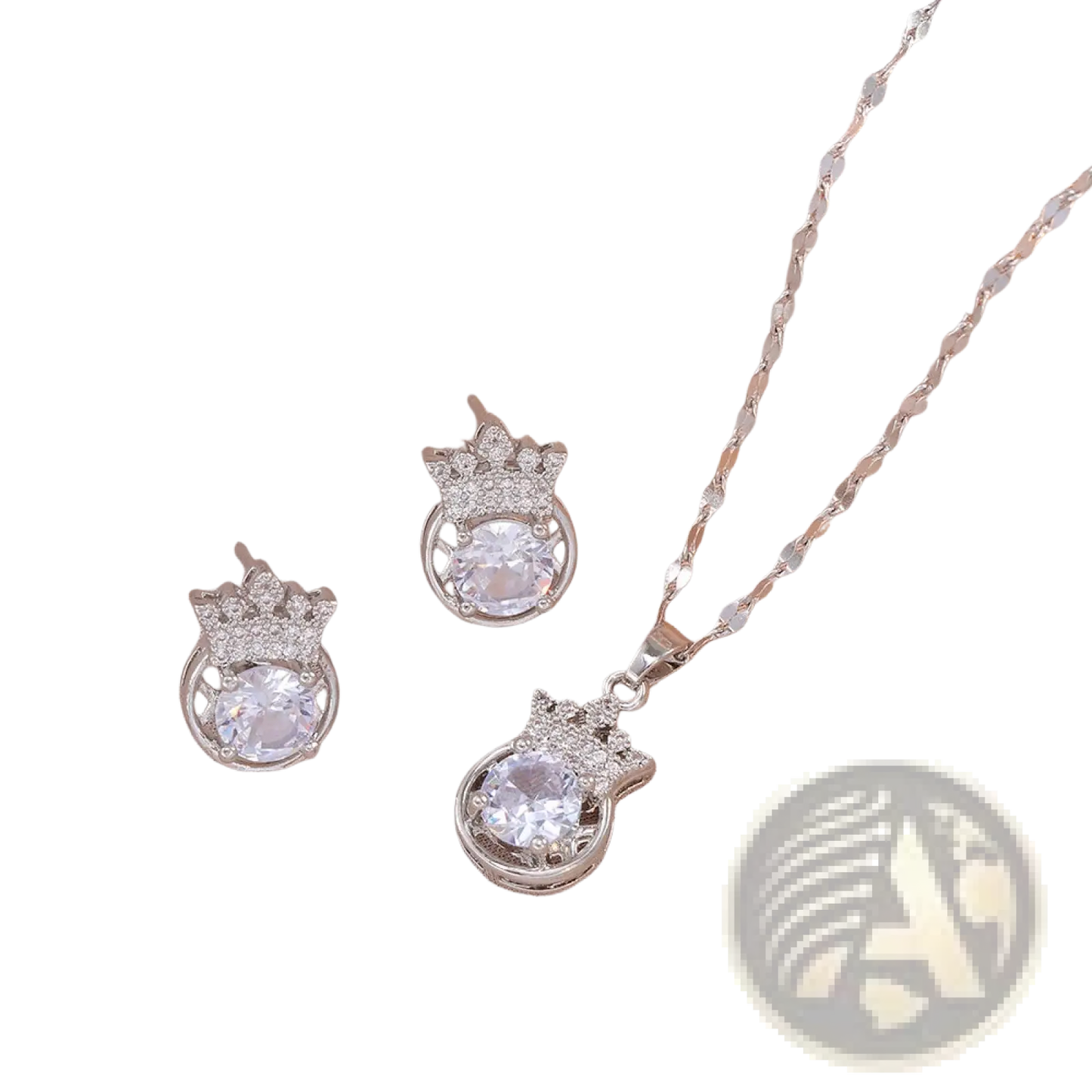 Silver Crown Zircon Necklace and Earring Jewelry Set