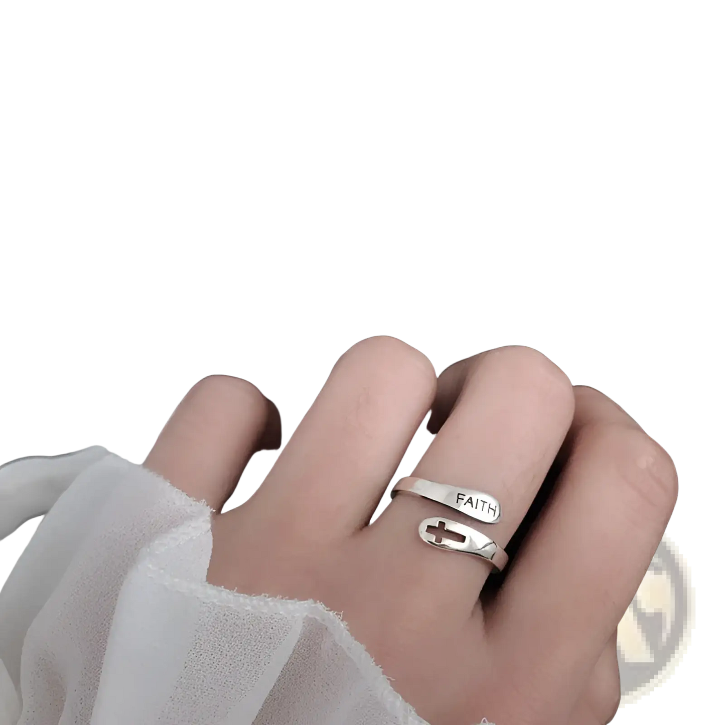 Silver Faith Cross Wrap Ring with Adjustable Band