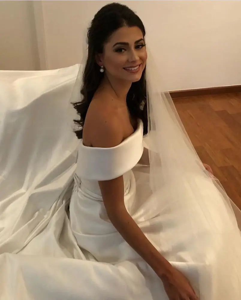 Off the Shoulder Satin a Line Wedding Gown with Sweep Train