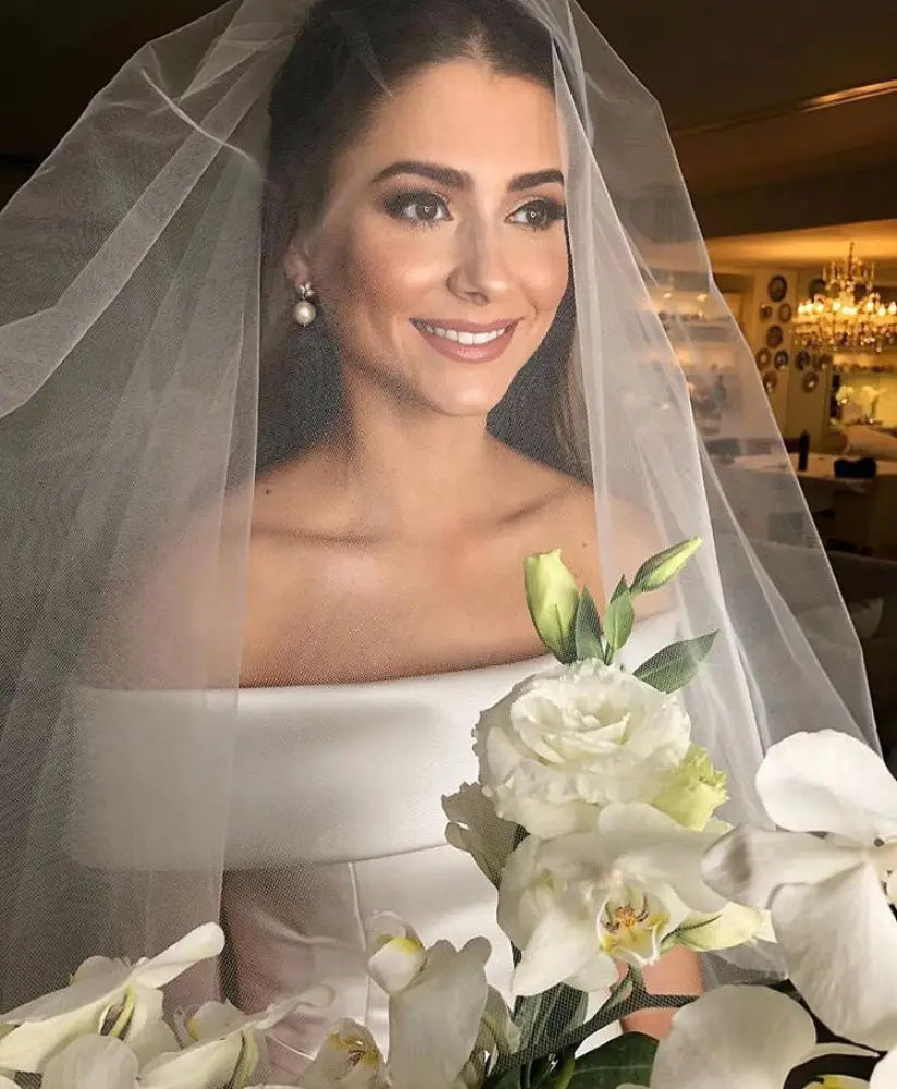 Off the Shoulder Satin a Line Wedding Gown with Sweep Train