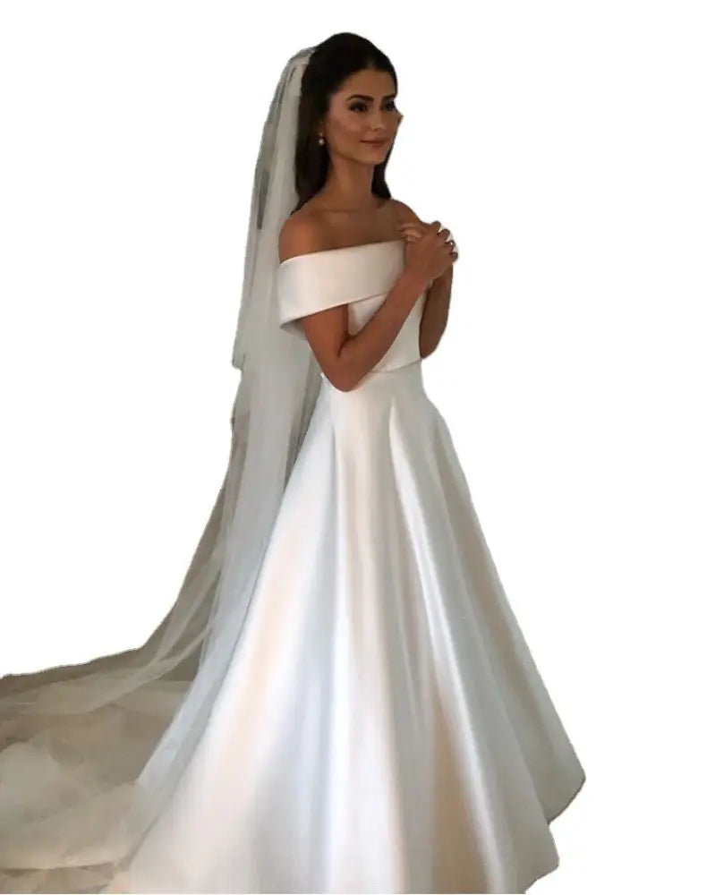 Off the Shoulder Satin a Line Wedding Gown with Sweep Train