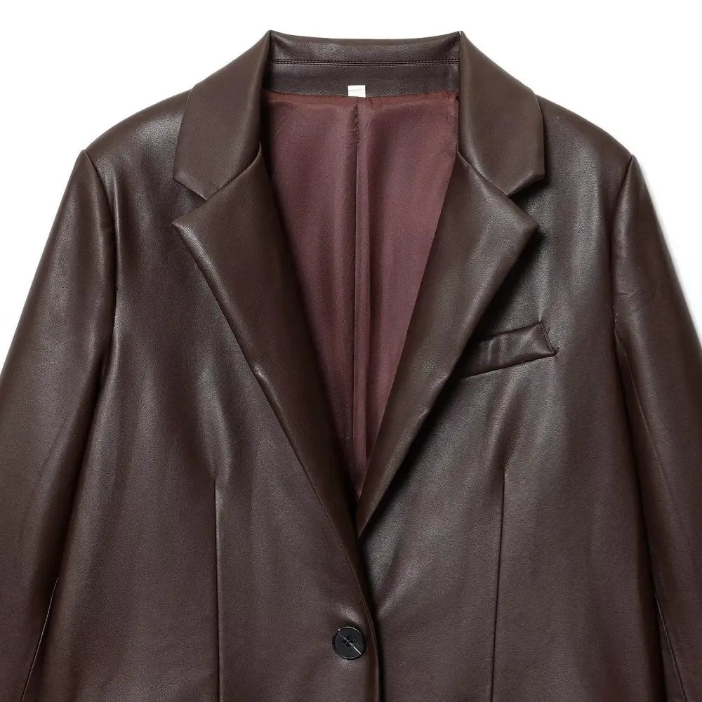 Women's Straight Brown Faux Leather Blazer