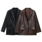 Women's Straight Brown Faux Leather Blazer