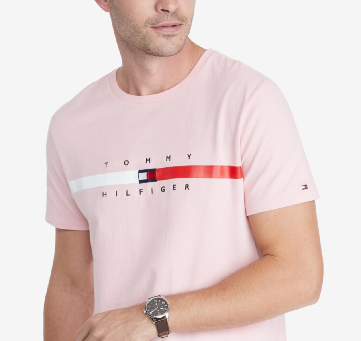 Tommy Hilfiger Men's Flag Stripe Short Sleeve TShirt Pink Size Large