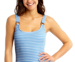 California Waves Junior's Striped Textured One Piece Swimsuit Blue Size X-Large