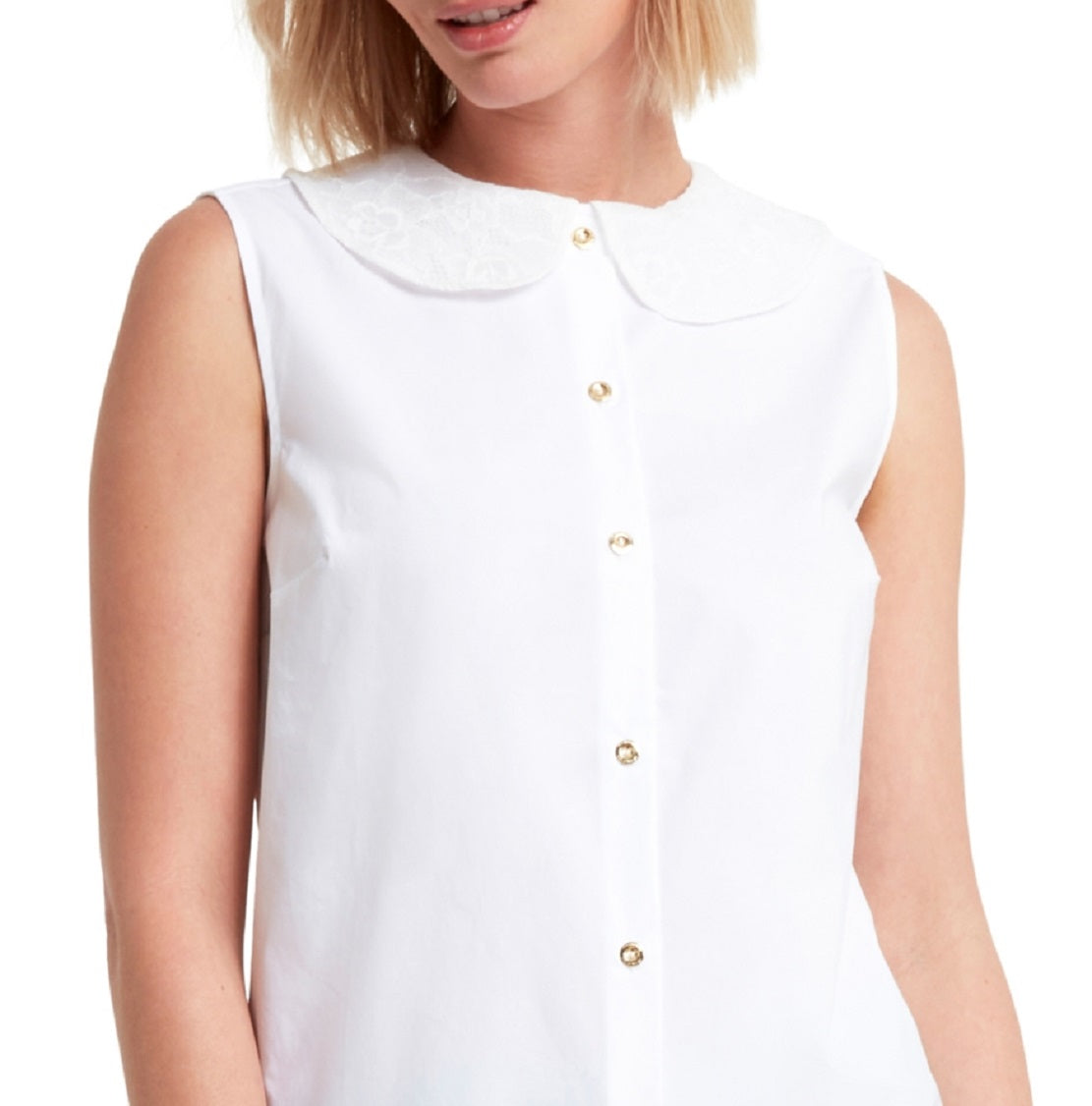 H Halston Women's Sleeveless Lace Collar Blouse White Size Medium