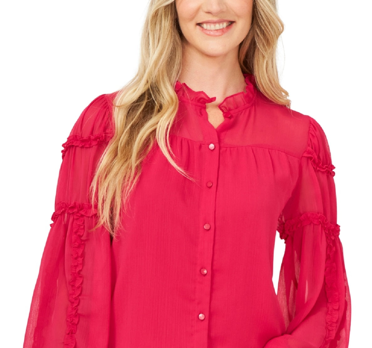 CeCe Women's Ruffle Detail Crinkled Chiffon Blouse Pink Size X Large