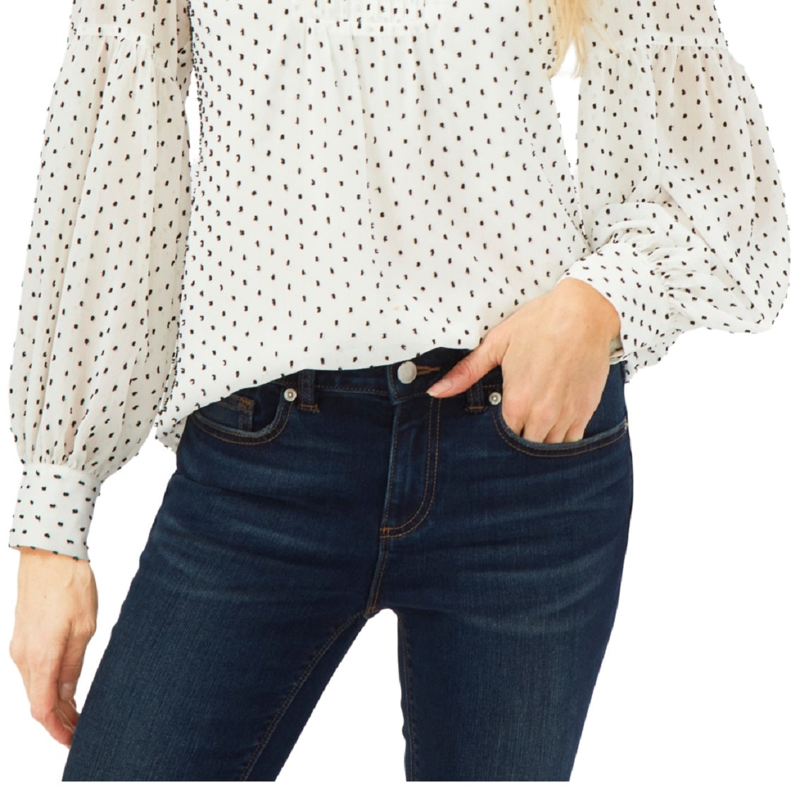 CeCe Women's Clip Dot Long Sleeve Blouse Brown Size Small