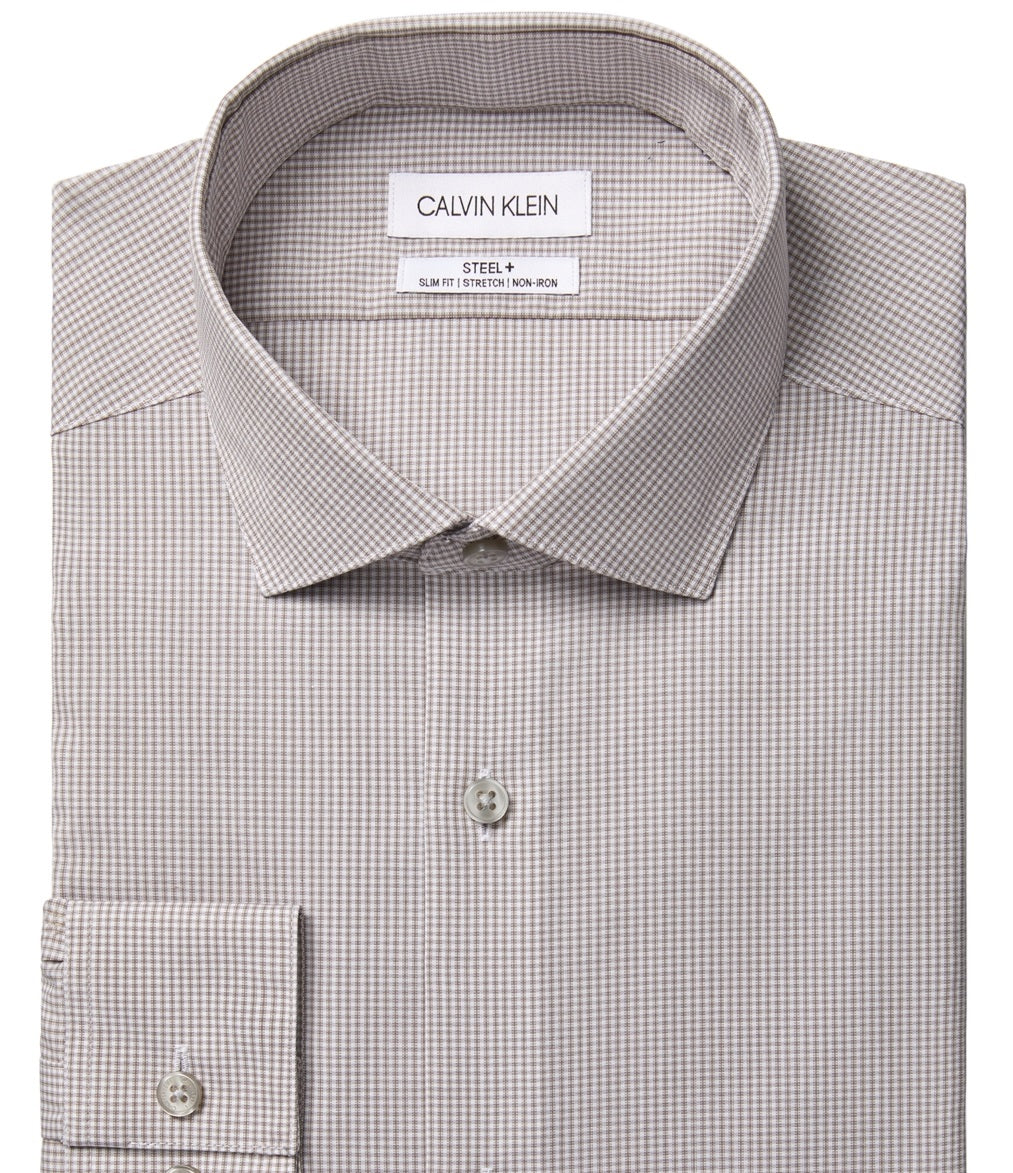 Calvin Klein Men's Slim Fit Non Iron Stretch Modern Check Dress Shirt Beige Size 16.5X34X35