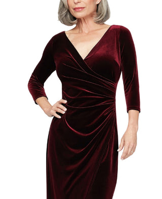Alex Evenings Women's Velvet Ruched 3/4 Sleeve Gown Red Size 14W