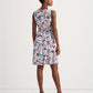 Ralph Lauren Women's Jersey Ruched Fitted Lined Floral Sleeveless Jewel Neck Above The Knee Fit Flare Dress Blue Size 16