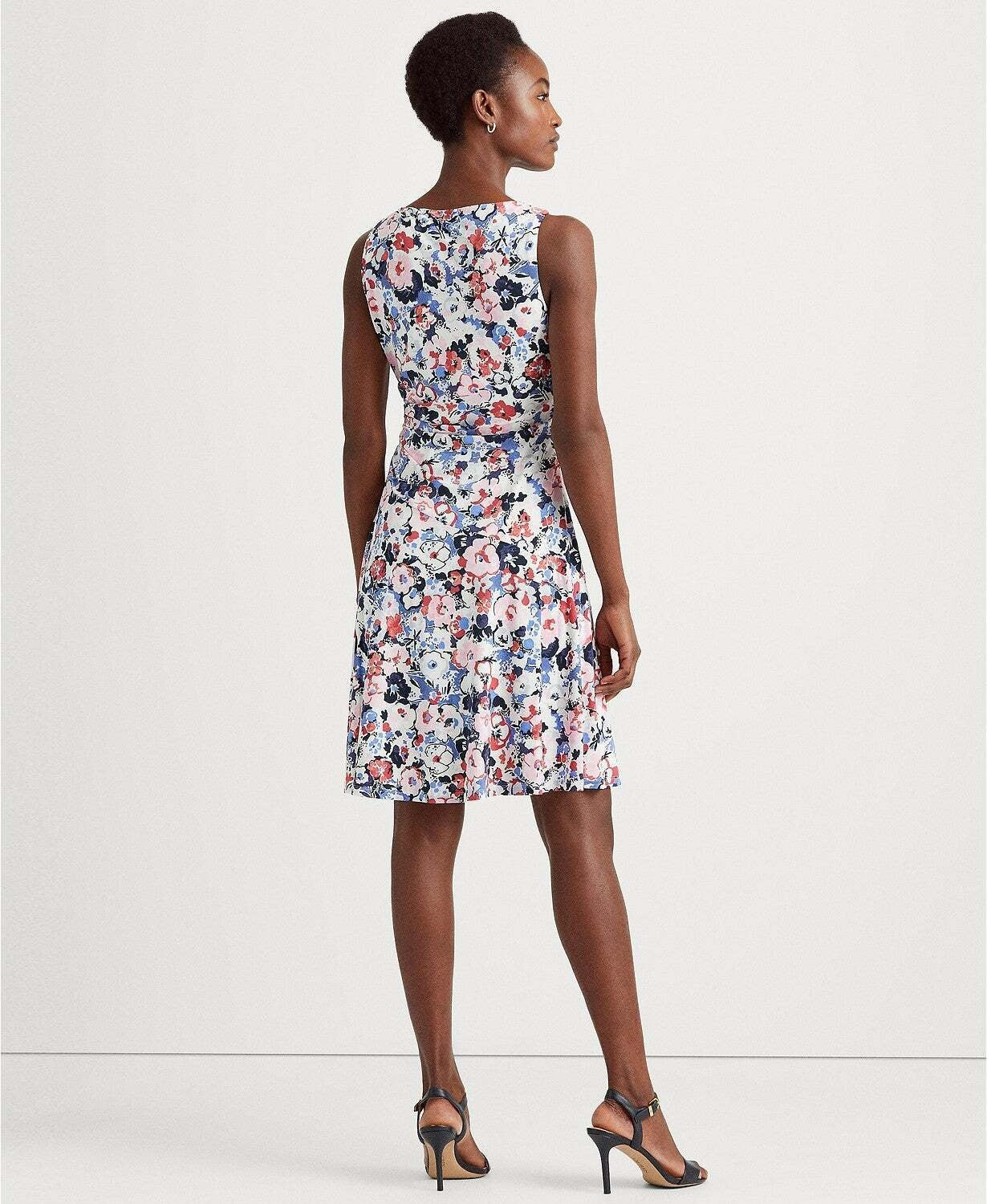 Ralph Lauren Women's Jersey Ruched Fitted Lined Floral Sleeveless Jewel Neck Above The Knee Fit Flare Dress Blue Size 16
