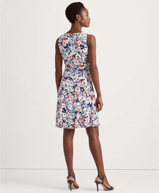 Ralph Lauren Women's Jersey Ruched Fitted Lined Floral Sleeveless Jewel Neck Above The Knee Fit Flare Dress Blue Size 16