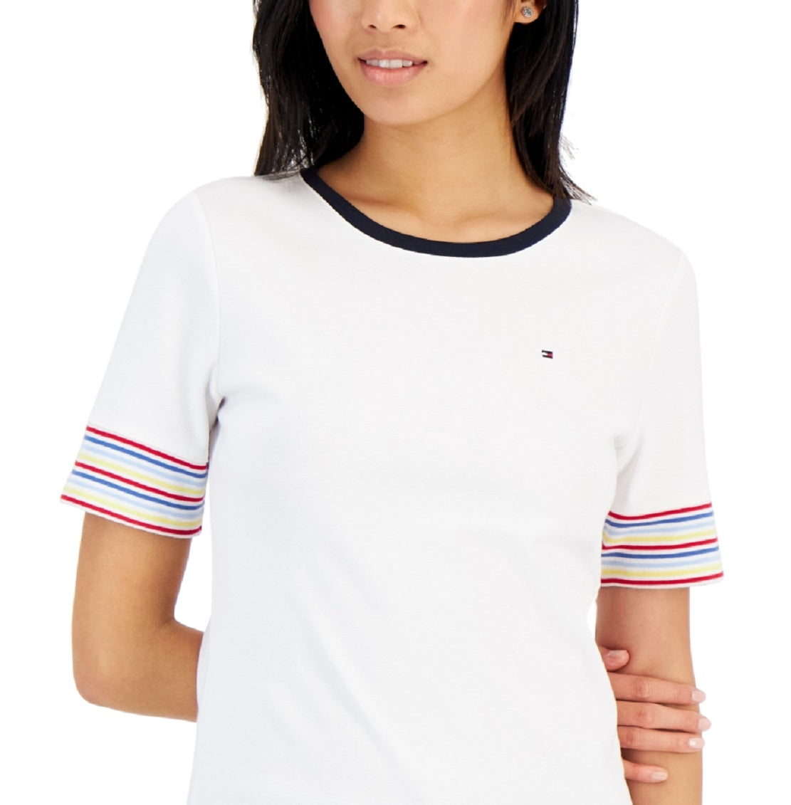 Tommy Hilfiger Women's Cotton Striped Sleeve T-Shirt White Size Small