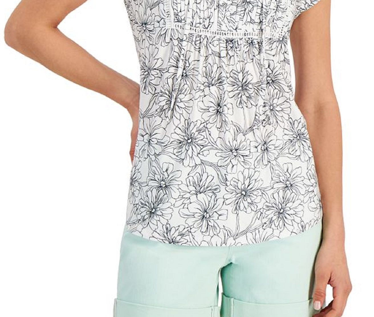 Tommy Hilfiger Women's Floral Print Ladder Trim Pintucked Top White Size X-Large