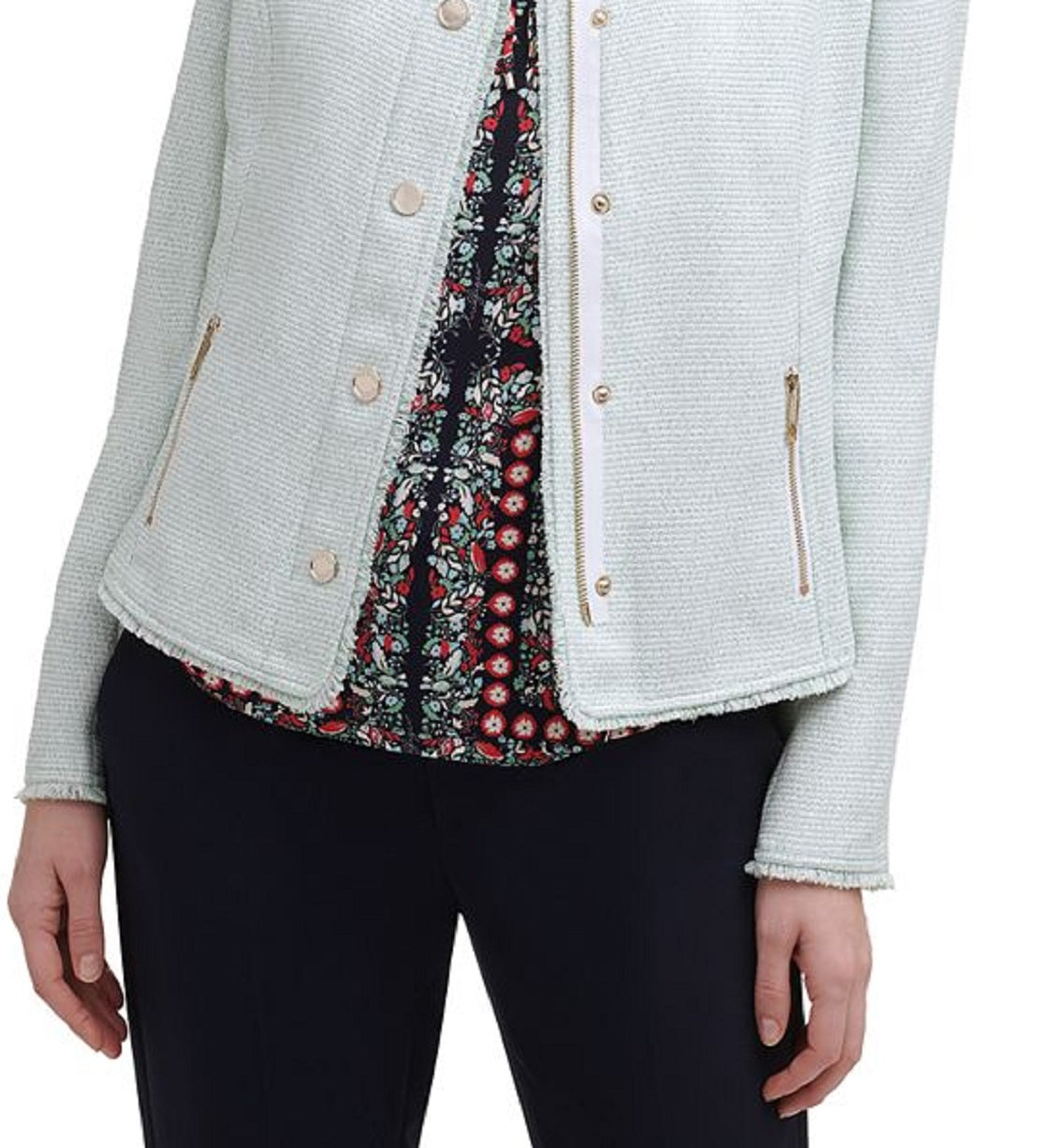 Tommy Hilfiger Women's Zippered Textured Snap Front Frayed Wear To Work Jacket Green Size 16