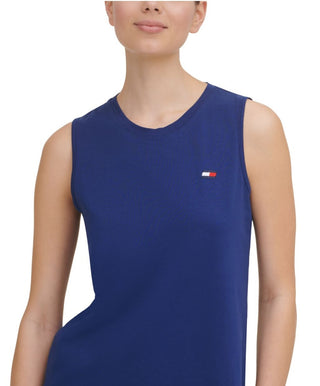 Tommy Hilfiger Women's Stretch Embroidered Racerback Mesh Trim Sleeveless Jewel Neck Active Wear Tank Top Blue Size X-Small