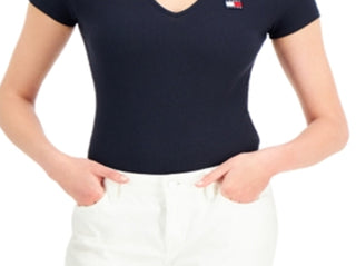 Tommy Jeans Women's Short Sleeve V Neck Bodysuit Blue Size X-Large