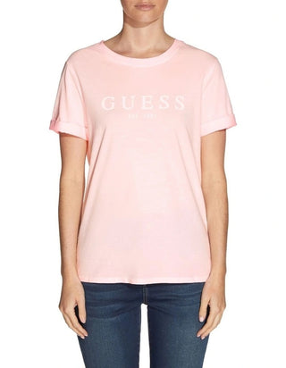 GUESS Women's 1981 Roll Cuff Logo Graphic Tee Pink Size Medium