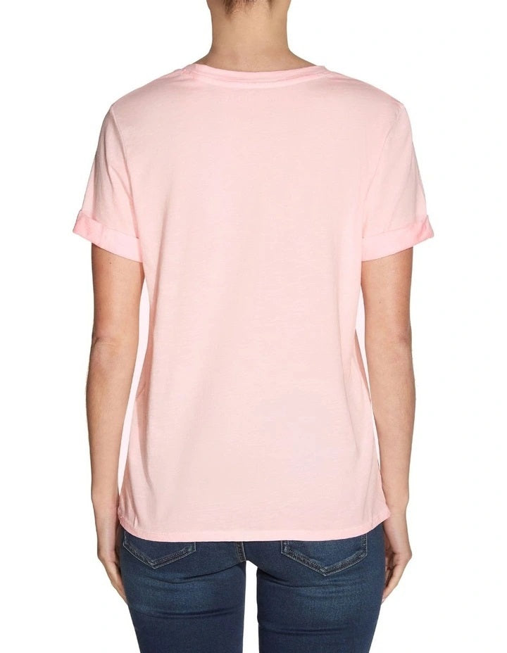 GUESS Women's 1981 Roll Cuff Logo Graphic Tee Pink Size Medium