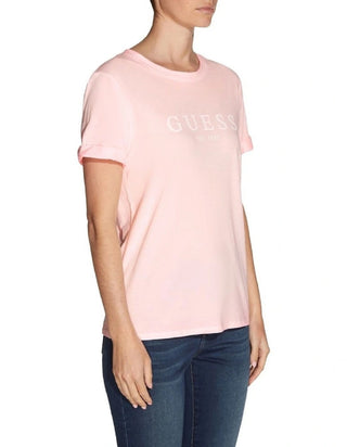 GUESS Women's 1981 Roll Cuff Logo Graphic Tee Pink Size Medium