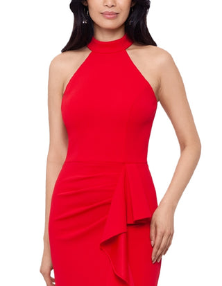 Betsy & Adam Women's Ruffled Side Slit Halter Gown Red Size 10 Petite