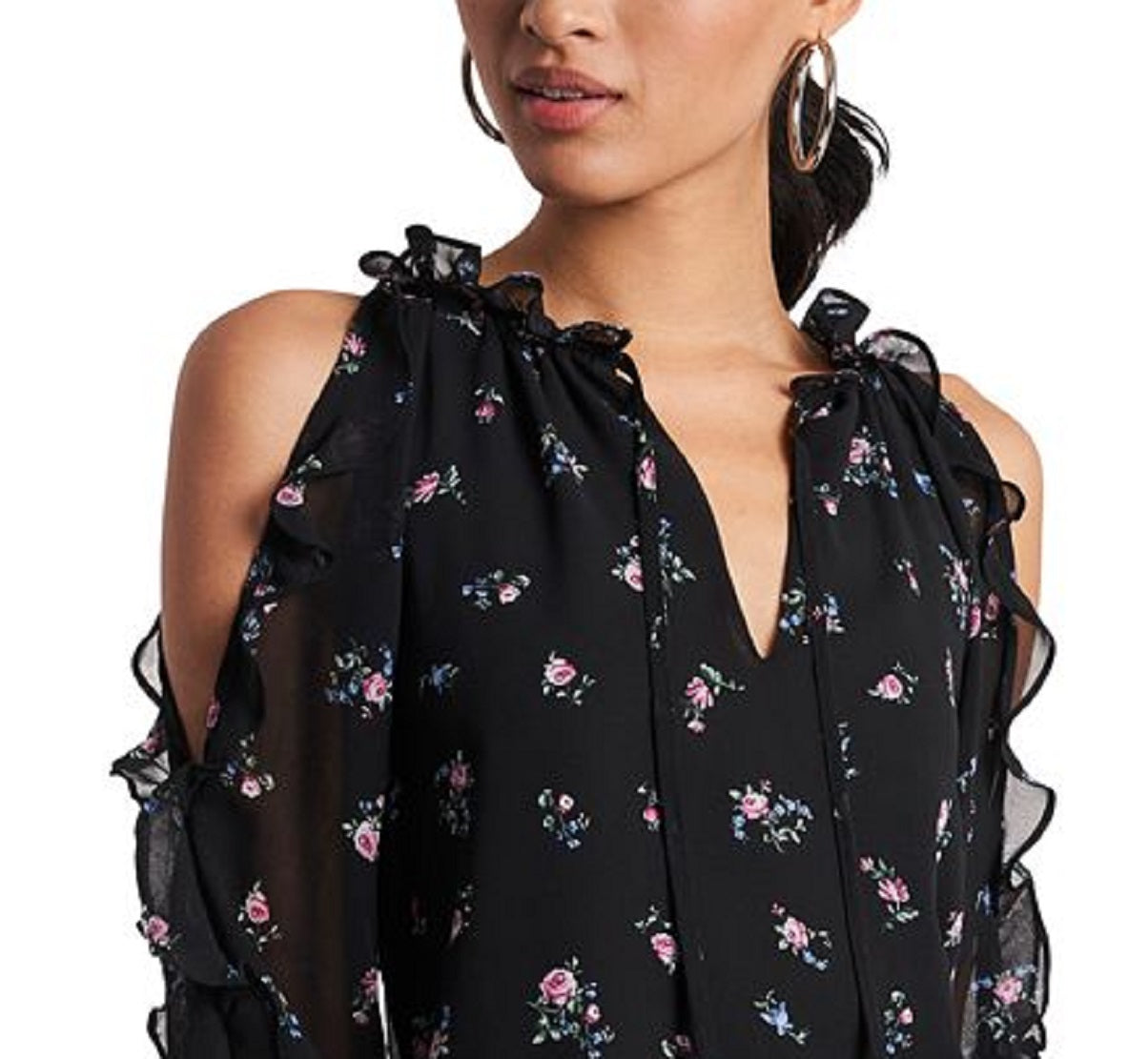 1.STATE Women's Ruffled Cold Shoulder Top Black Size X-Large