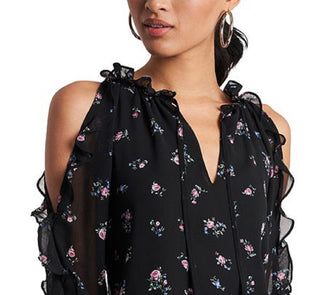 1.STATE Women's Ruffled Cold Shoulder Top Black Size X-Large