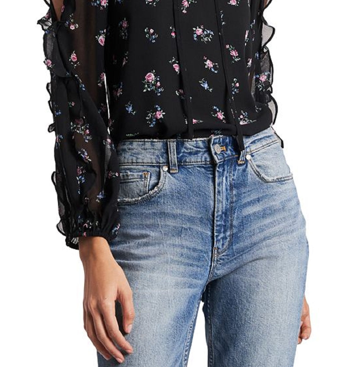 1.STATE Women's Ruffled Cold Shoulder Top Black Size X-Large