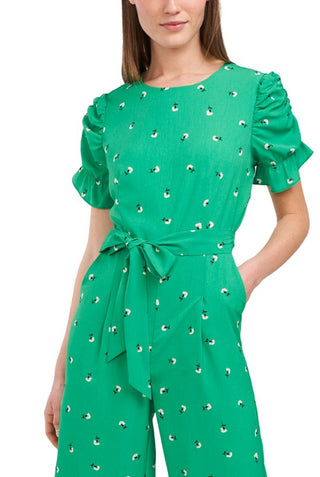 Riley & Rae Women's Zippered Ruffled Puffed Sleeves Tie Short Sleeve Crew Neck Wide Leg Jumpsuit Green Size 6