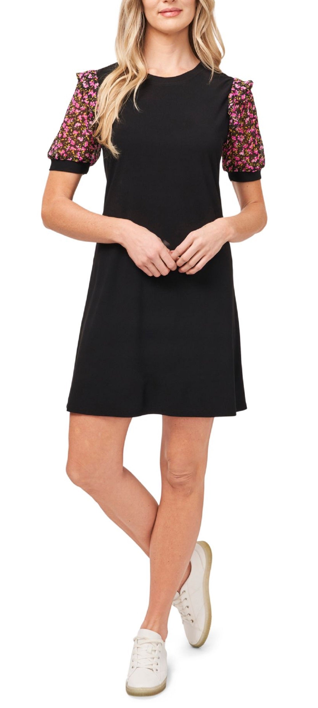 CeCe Women's Stretch Sheer Pullover Styling Floral Short Sleeve Crew Neck Short Shift Dress Black Size X-Large