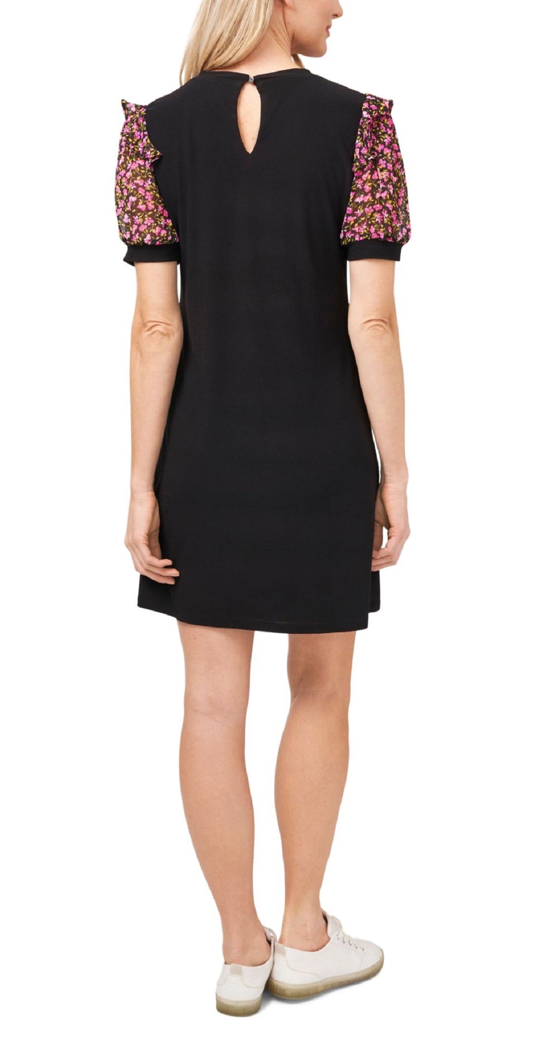 CeCe Women's Stretch Sheer Pullover Styling Floral Short Sleeve Crew Neck Short Shift Dress Black Size X-Large