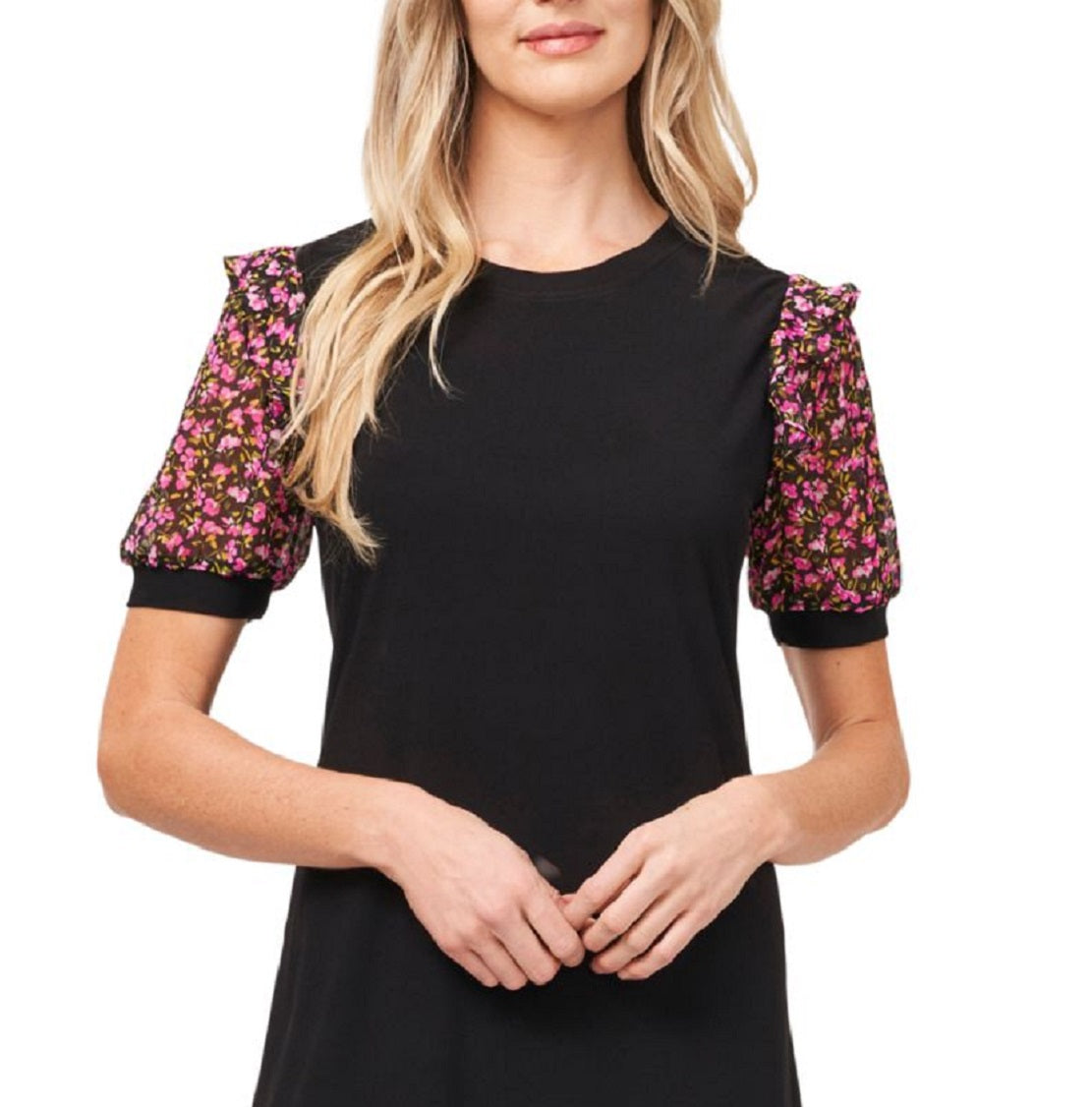 CeCe Women's Stretch Sheer Pullover Styling Floral Short Sleeve Crew Neck Short Shift Dress Black Size X-Large