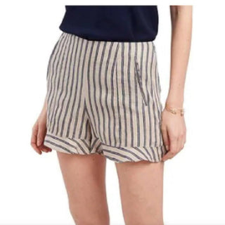 1.STATE Women's Stripe Ruffle Hem Linen Shorts Brown Size 8
