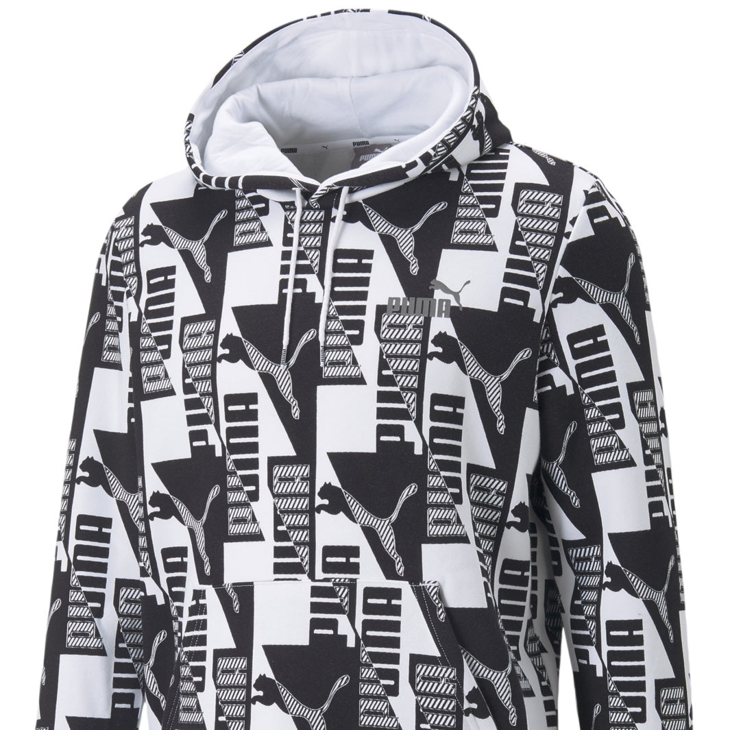 Puma Men's Allover Logo Graphic Print Fleece Hoodie White Size Large