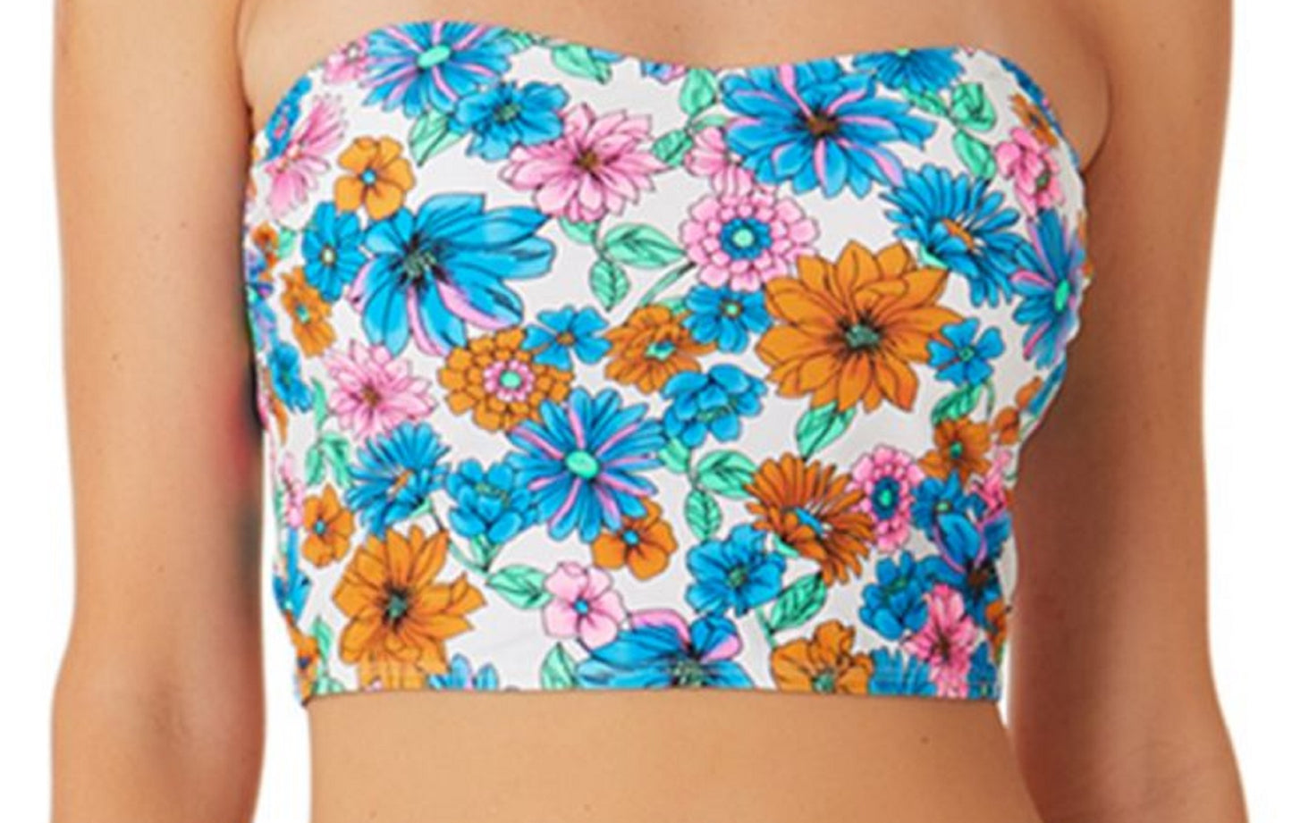 California Waves Women's Wall Paper Floral Long Line Bandeau Top Swimsuit Blue