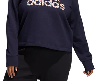 adidas Women's Fleece Ribbed Drawstring Hood Step Logo Graphic Sweatshirt Blue