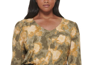 Calvin Klein Women's Printed V Neck Blouse Yellow Size 3X