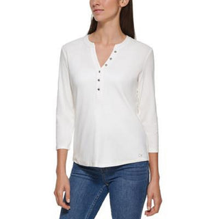 Calvin Klein Women's 3/4 Sleeve Button Front Henley Top White Size Small